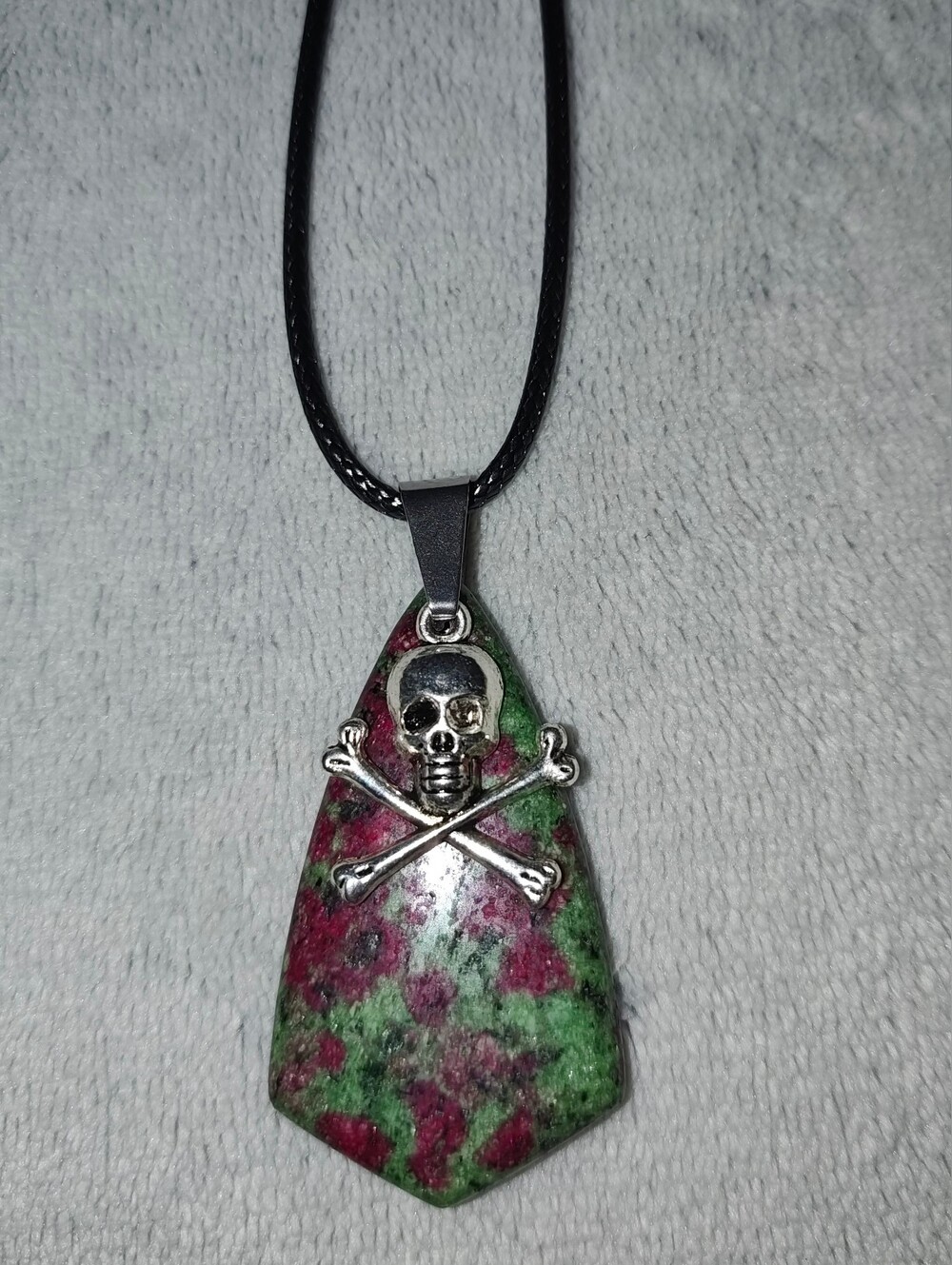 Skull & Crossbones Green and Pink Stone Pendant Necklace - Handmade Jewelry